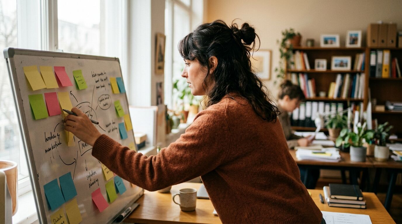 A small-business owner at a laptop, focused on answering customer support faster