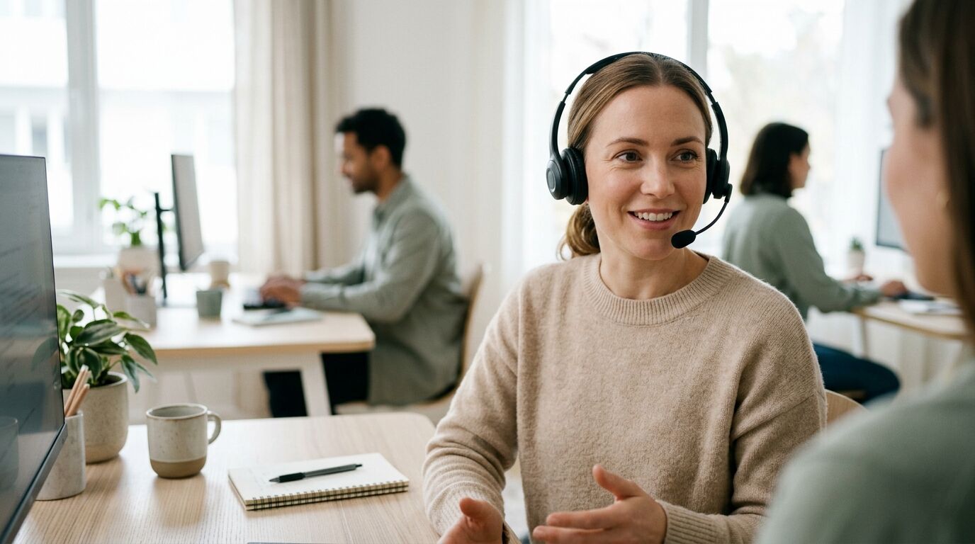 A support agent at a laptop sending canned responses to customers