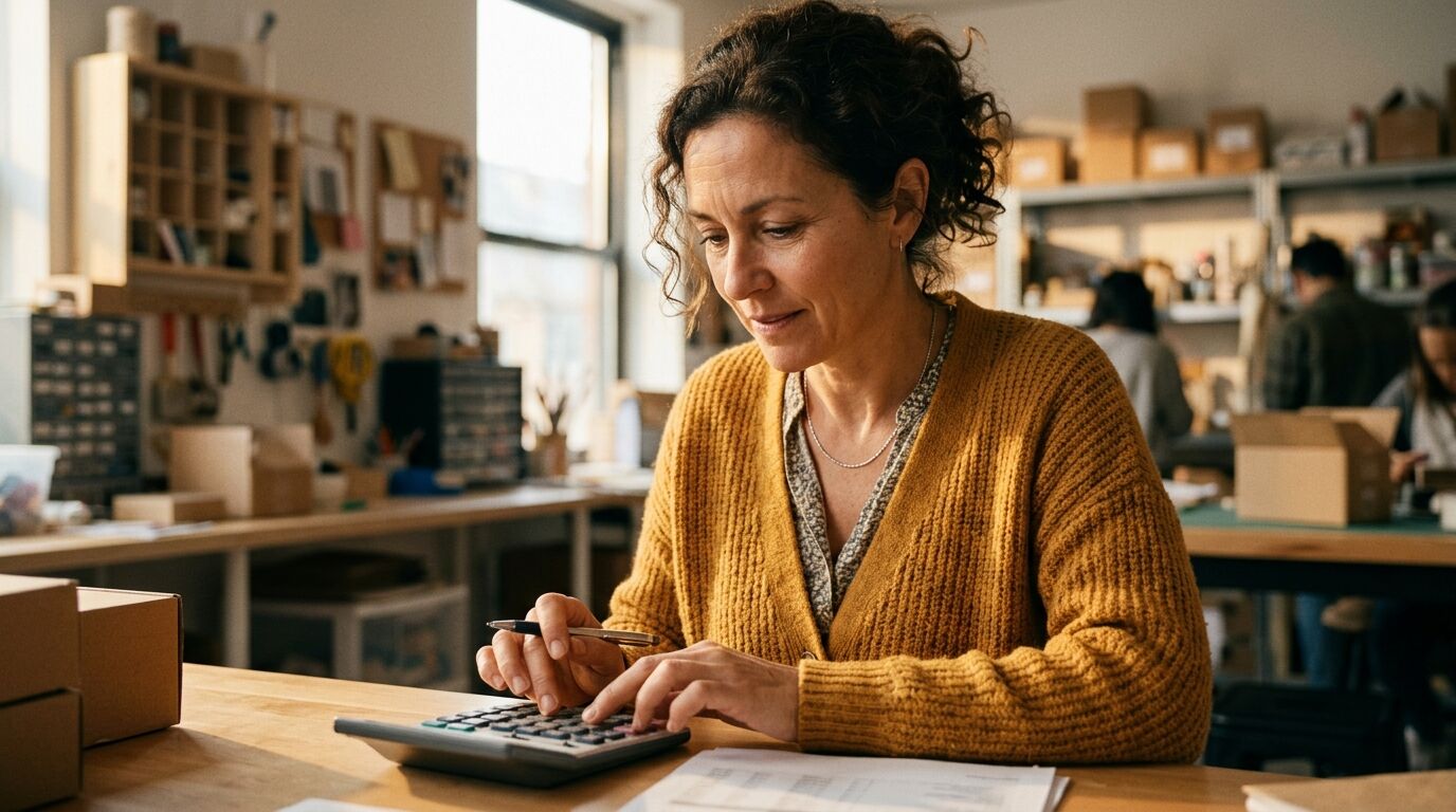 A shop owner working out the cost of bad customer service with a calculator at the counter