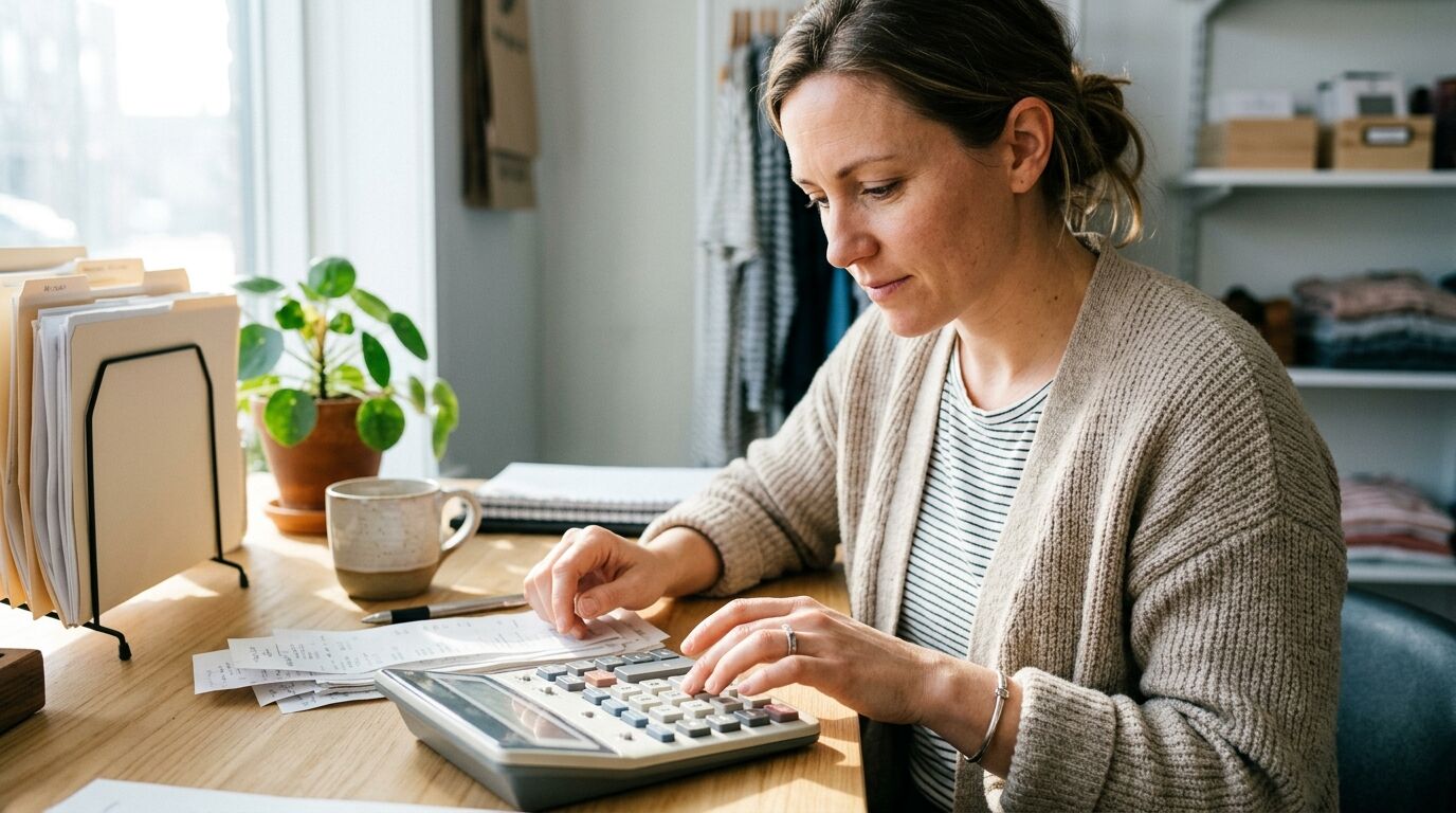 A small business owner reviewing the cost of hiring a customer service representative with a calculator and a laptop