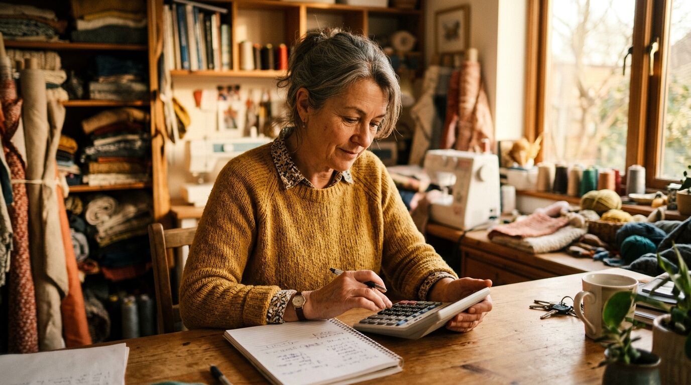 A small-business owner working out cost per ticket with a calculator at a desk