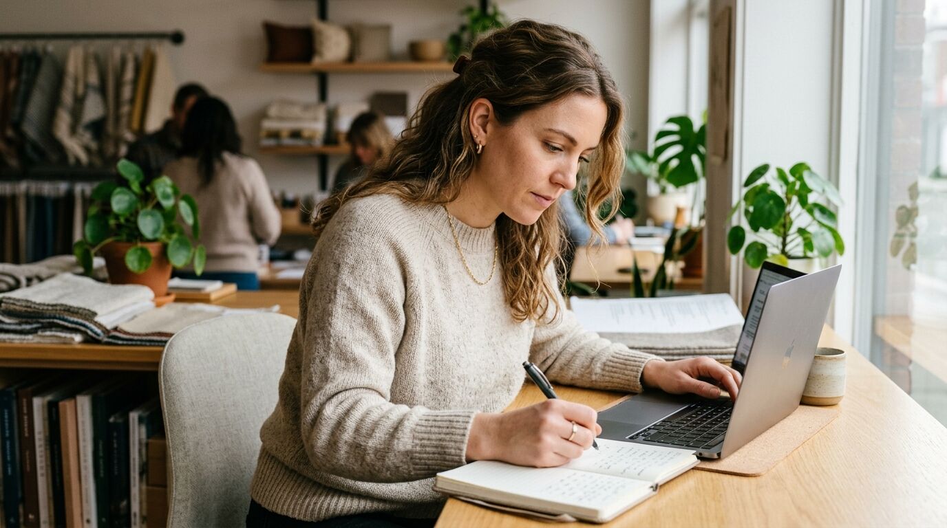 Small business owner comparing Crisp alternatives for small business on a laptop at a shop counter