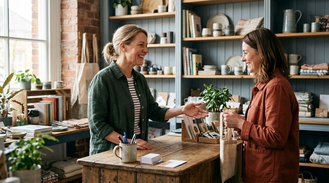 A small shop owner handing a customer a handwritten thank-you card, one of many customer appreciation ideas for small business