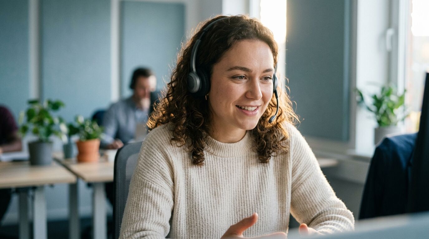 A support agent at a desk writing up customer bug reports while on a call with the person who found the problem