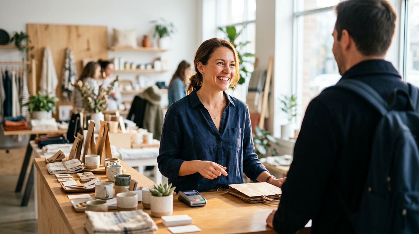 A shop owner greeting a returning customer at the counter, the everyday version of customer lifetime value