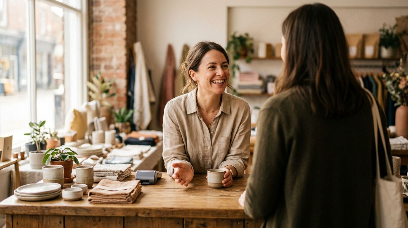 A small-business owner warmly welcoming a new customer at the counter, the start of good customer onboarding for a small business