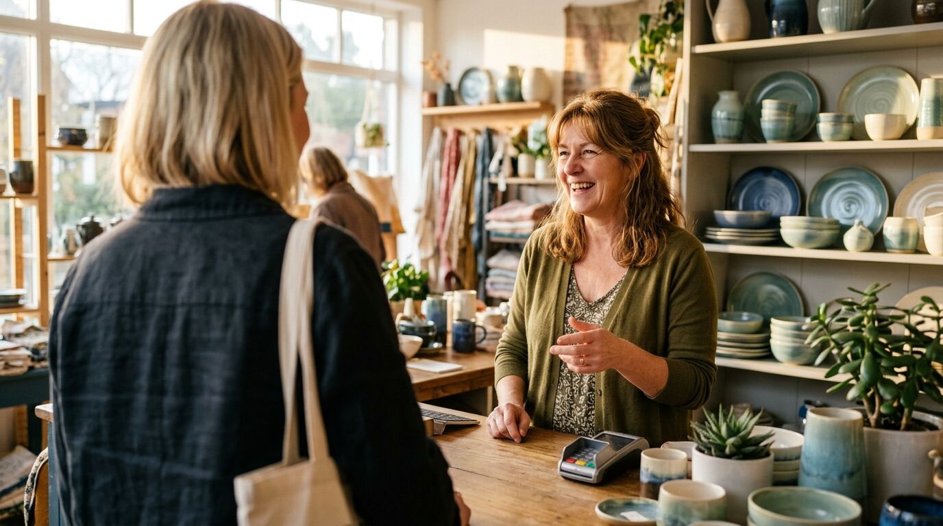 A shop owner greeting a returning customer at the counter after setting up a customer referral program