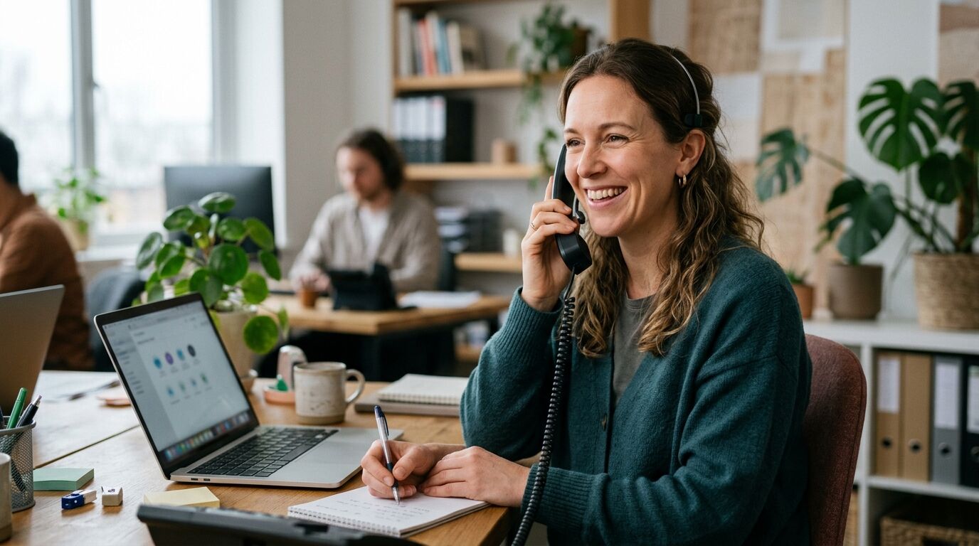 A support agent at a desk carefully writing a customer service apology email on a laptop