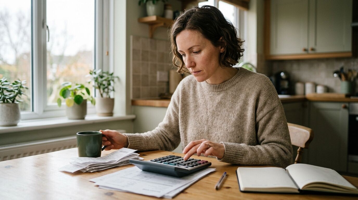 A shop owner working out the customer service chatbot cost for her business at a kitchen table with a calculator