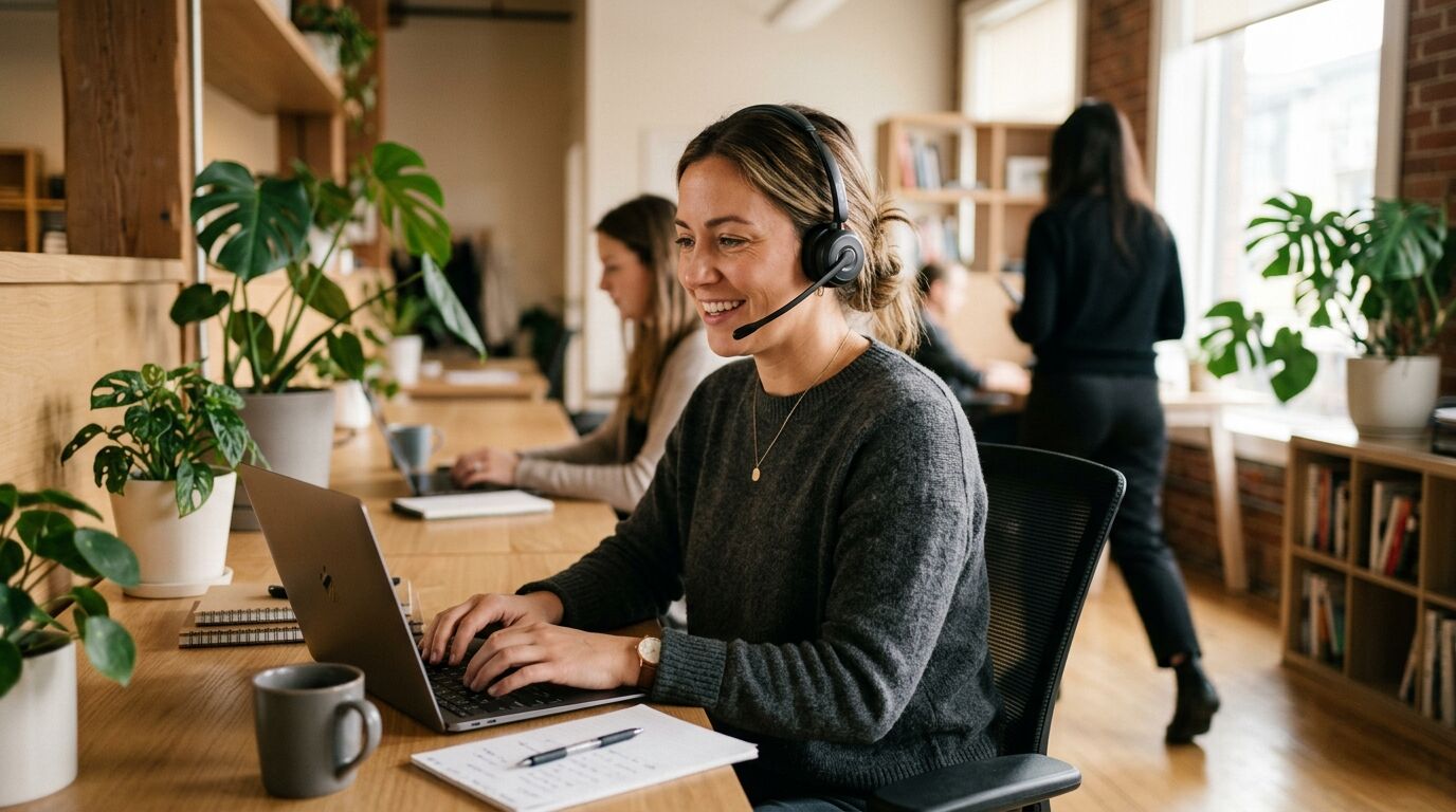 A small-business owner at a laptop using customer service email templates