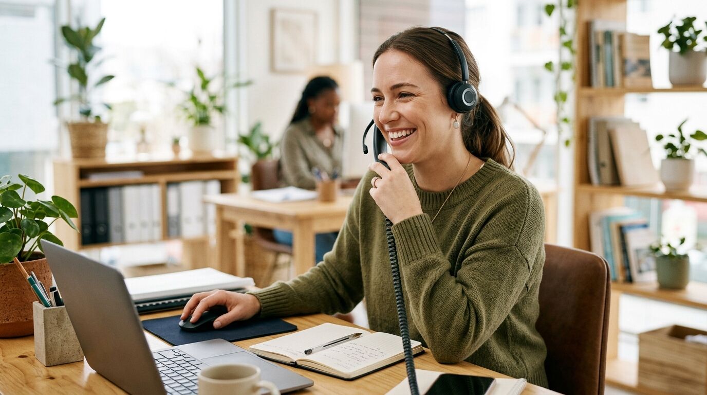 A small business owner writing a customer service policy on a notepad next to a laptop