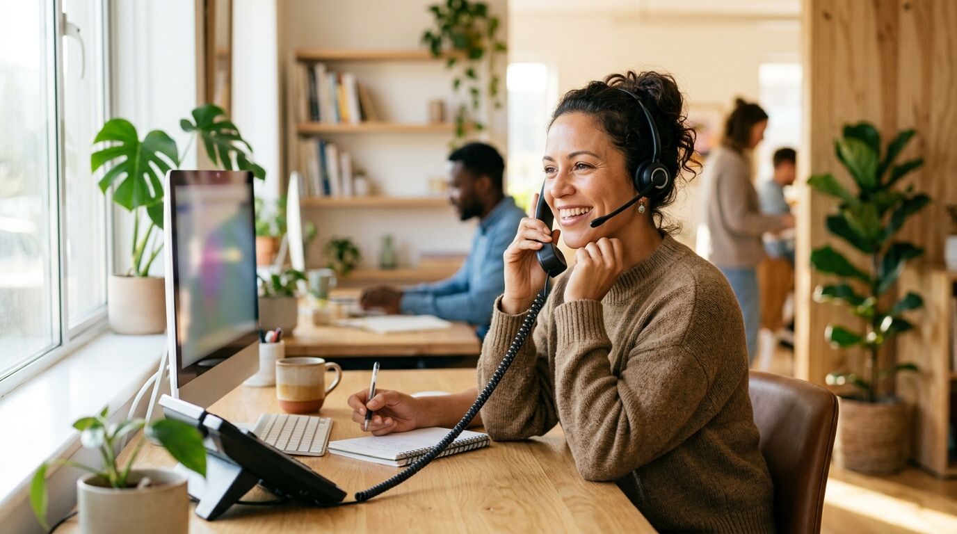 A friendly support agent improving customer service response time at a laptop