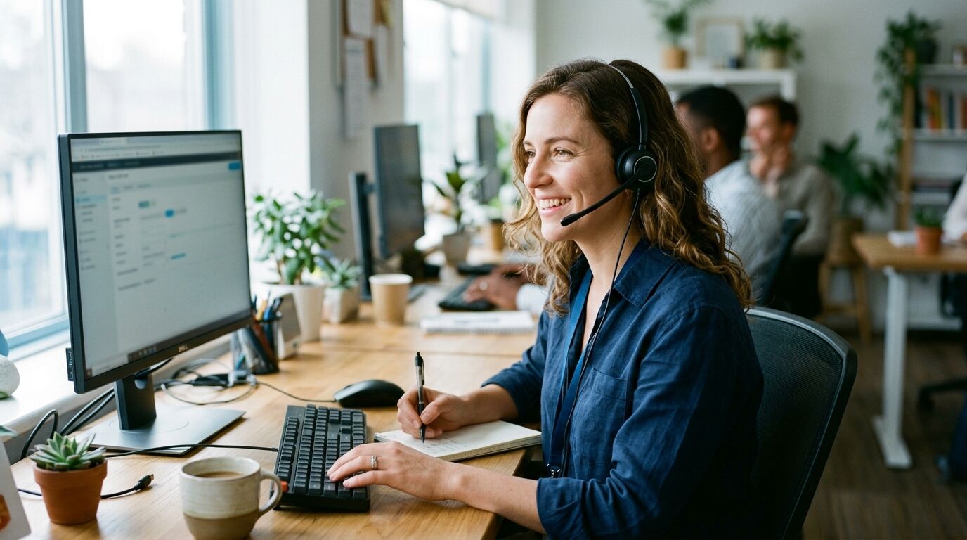 A support agent reading a friendly reply on a laptop, thinking about customer service tone of voice