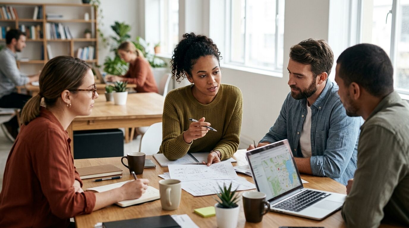 Small business owner running customer service training for small business with a new support team member at a shared desk