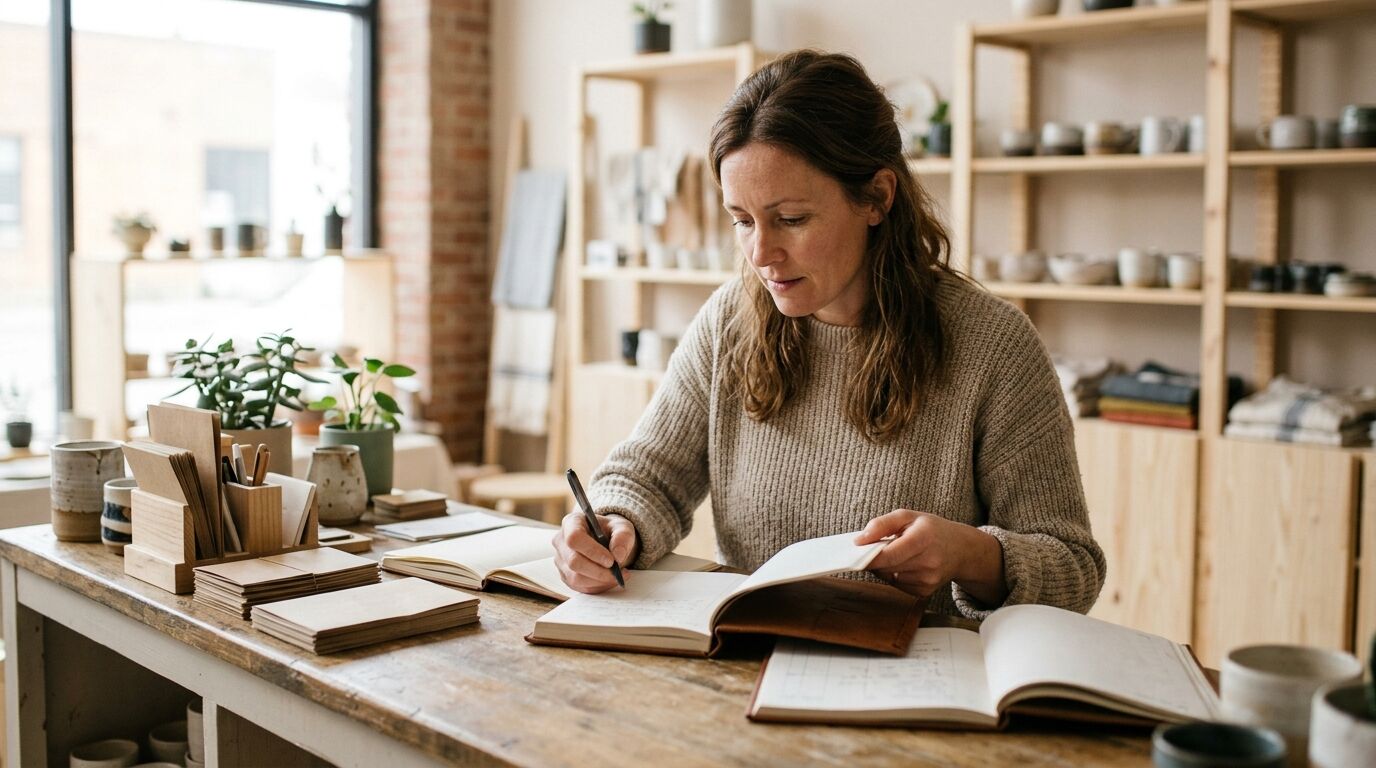 A small-business owner working out a customer support budget on paper at a kitchen table