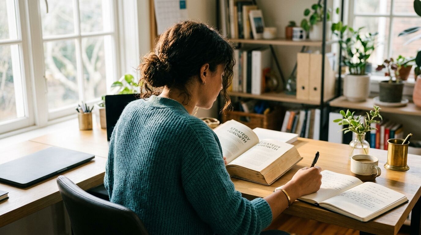 A small-business owner comparing customer support software for ecommerce at a sunlit desk
