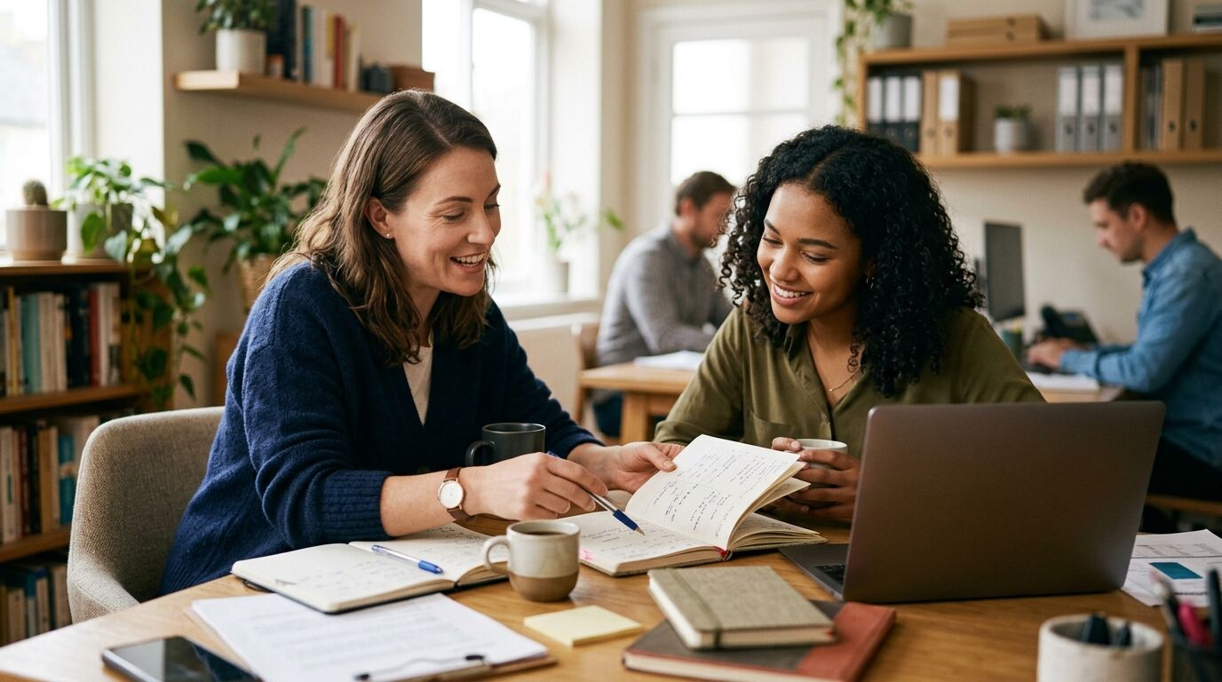 A small-business owner comparing Freshdesk vs Help Scout on a laptop at a shop counter