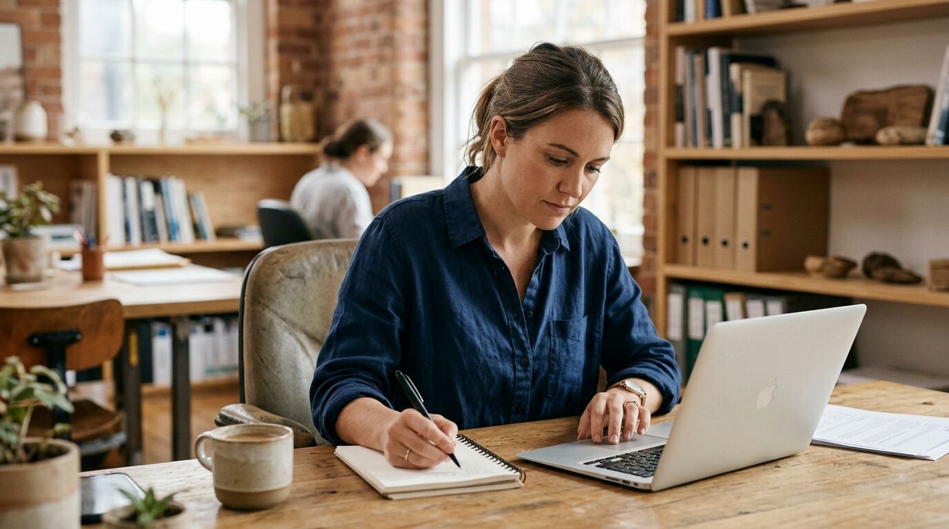 A small-business owner comparing Freshdesk vs Zoho Desk pricing plans on a laptop at a kitchen table