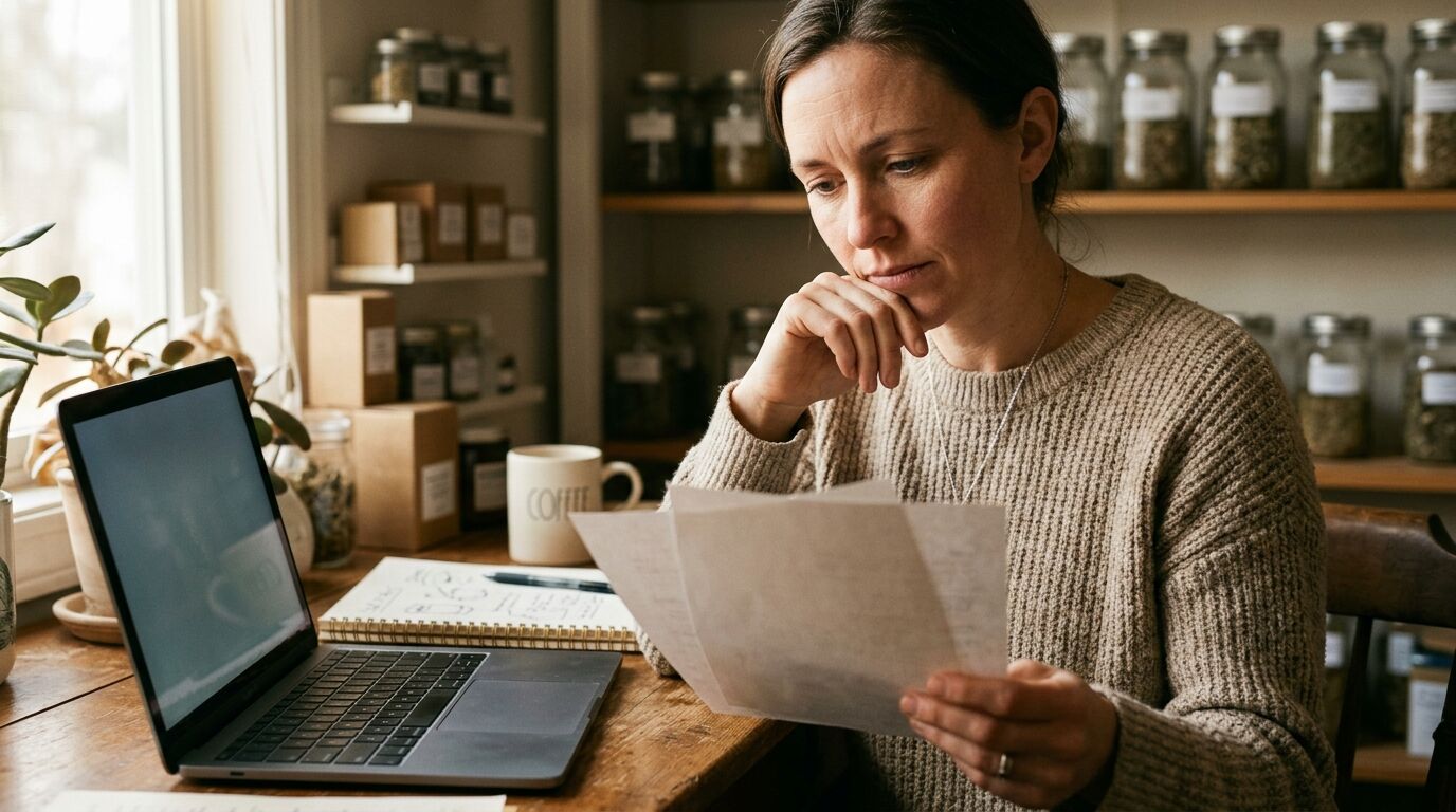 A small-business owner comparing Front vs Help Scout pricing on a laptop at a shop counter