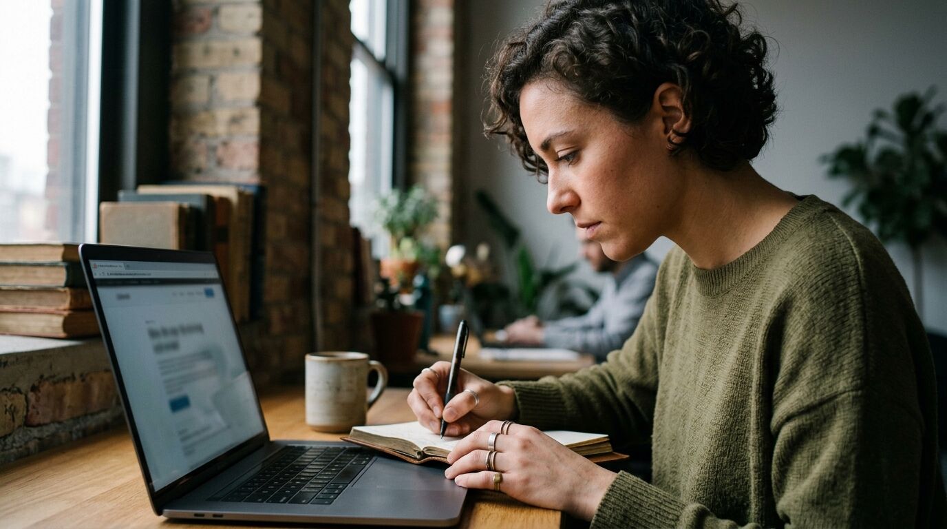 A small-business owner weighing up Gorgias vs Zendesk while taking notes at a laptop