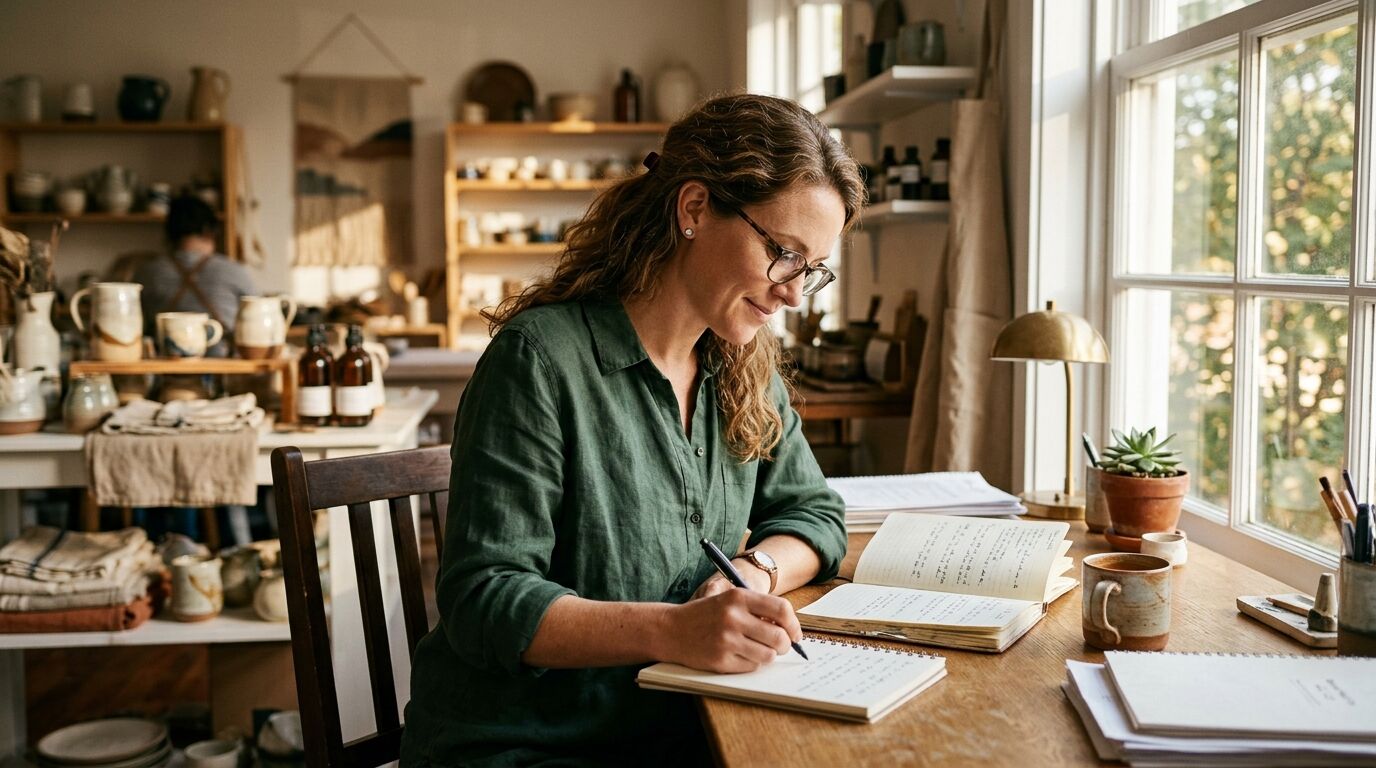 A small-business owner comparing help center software options and taking notes at a sunlit desk