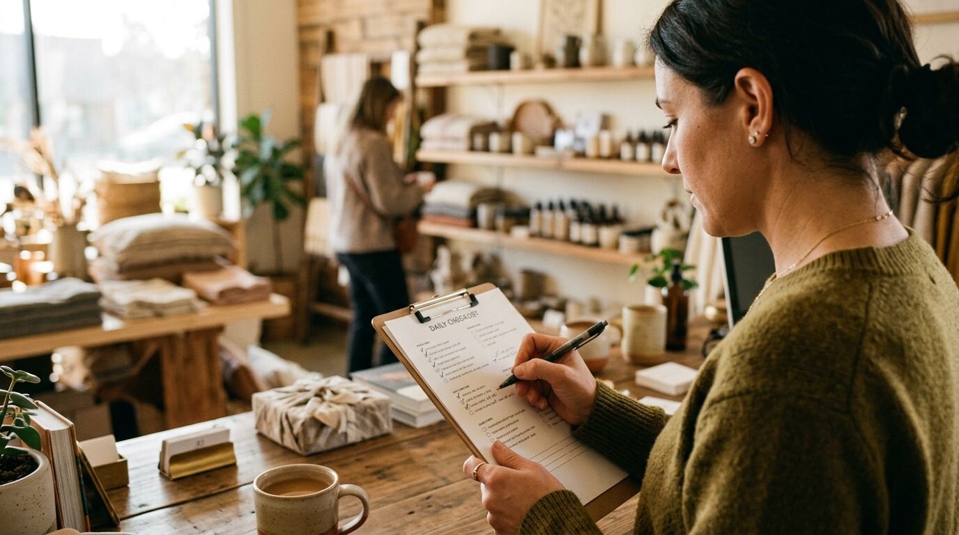 A small shop owner at a wooden counter ticking off a help desk features checklist on a clipboard, with a coworker helping a customer behind her