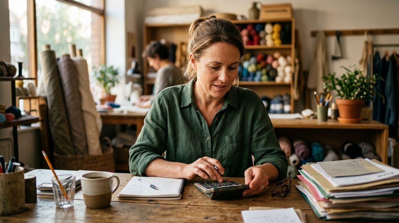 A small-business owner working out help desk ROI with a calculator at a kitchen table