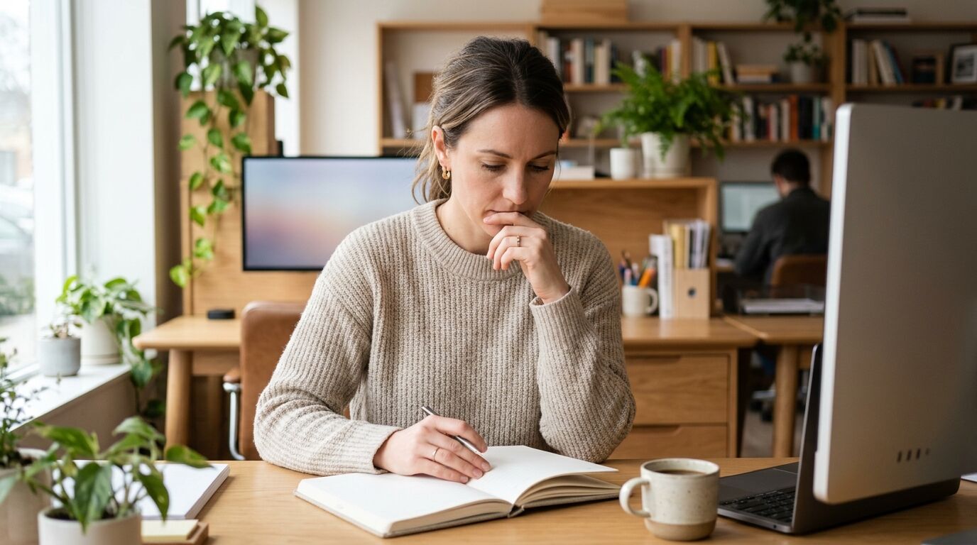 A small-business owner setting up help desk software on a laptop at a tidy desk
