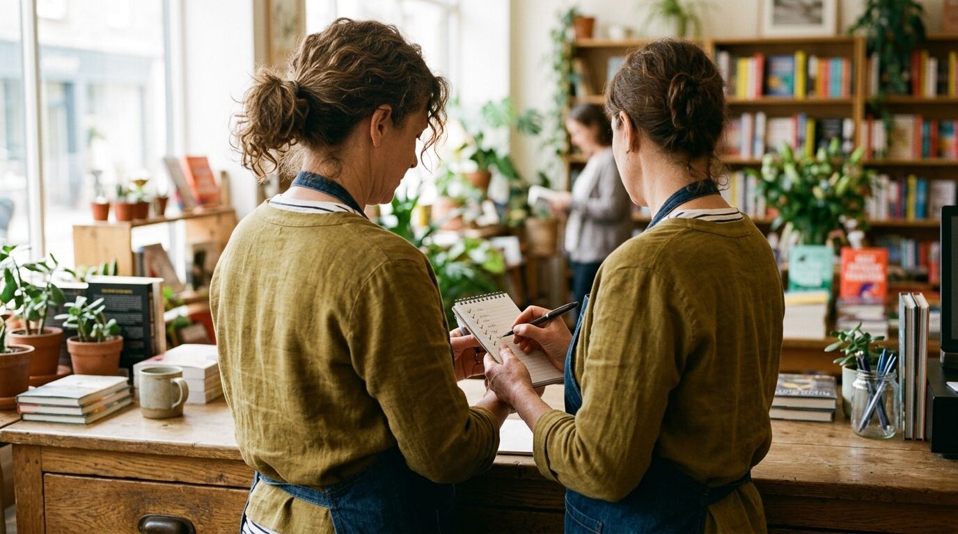 A small-business owner weighing up help desk vs CRM options at a sunlit desk