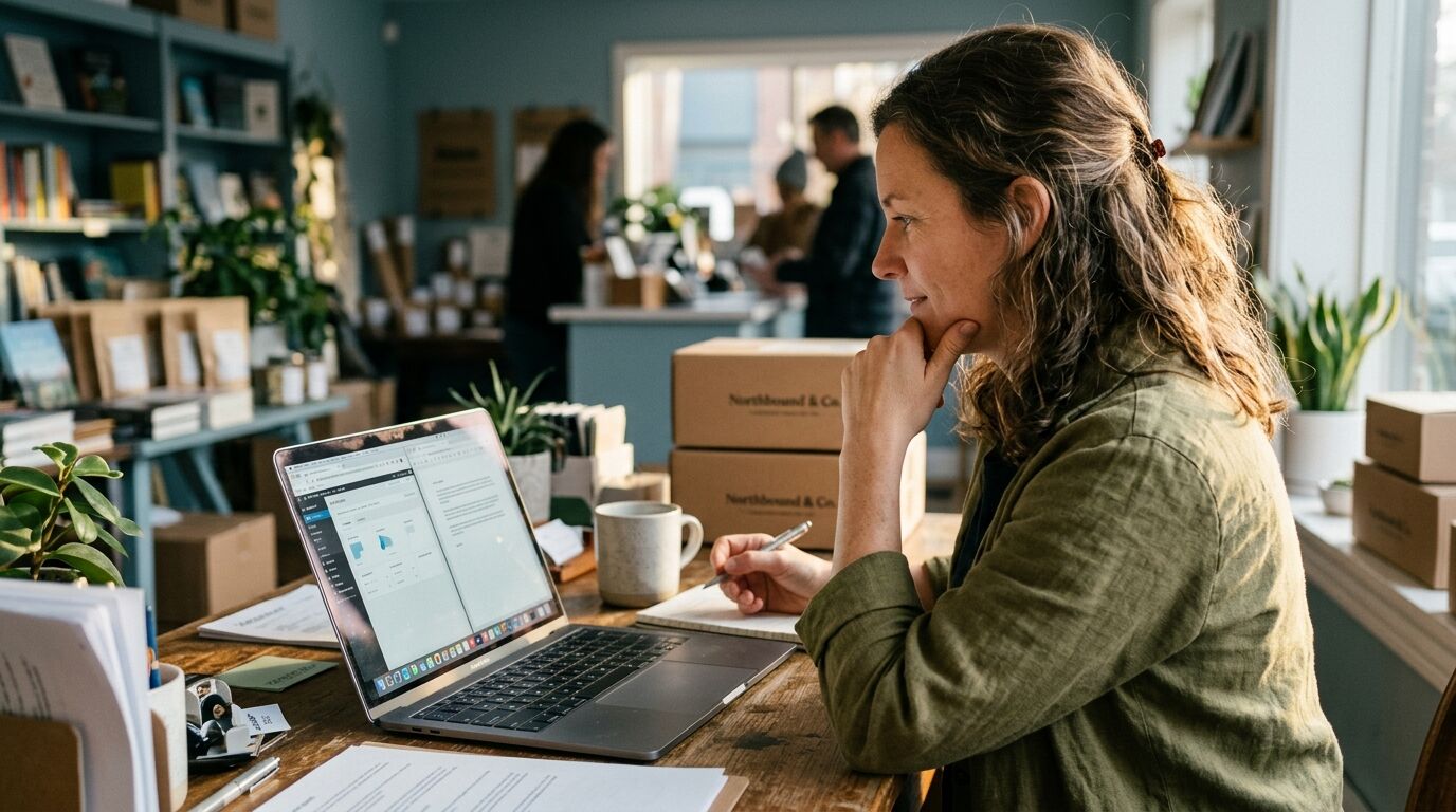 A small-business owner weighing Help Scout vs Intercom while working at a laptop