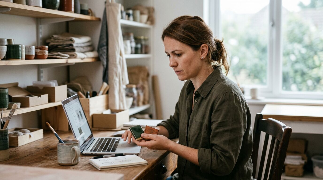 A small-business owner weighing up Help Scout vs Zendesk at a laptop
