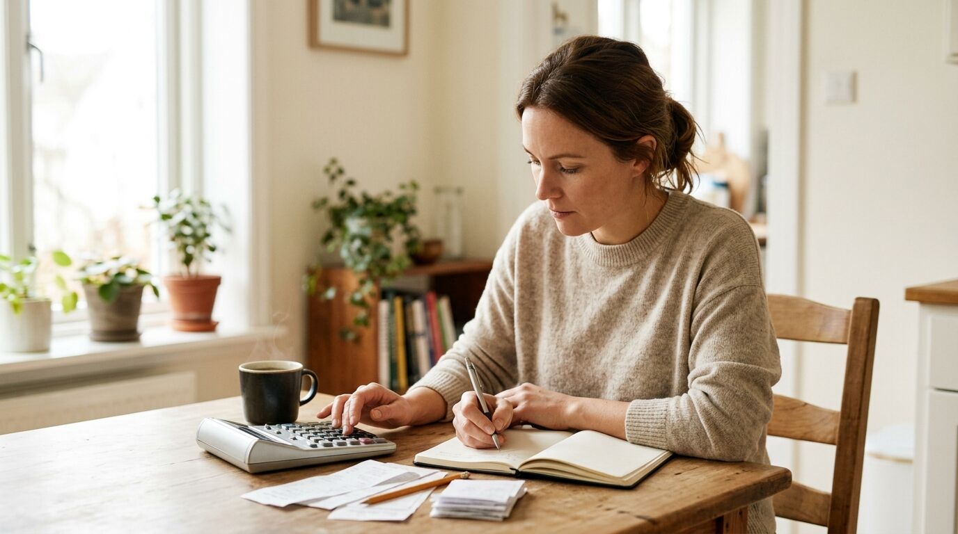 A small-business owner adding up the hidden costs of help desk software with a calculator at a desk