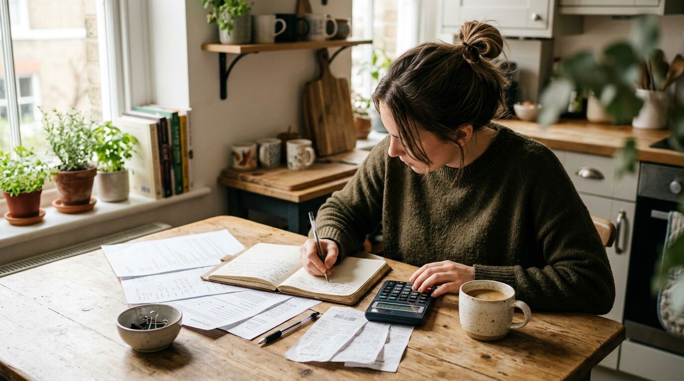 A small-business owner reviewing customer support software costs at a desk