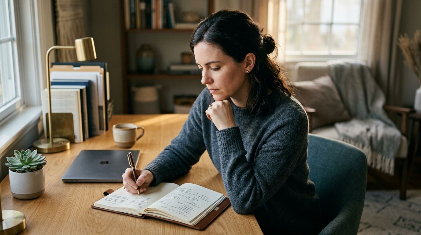 A small-business owner working out how to choose help desk software at a sunlit desk