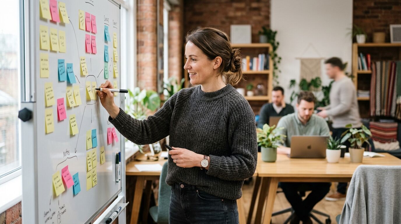 A small business owner mapping sticky notes on a whiteboard, sorting the customer feedback she collected into themes
