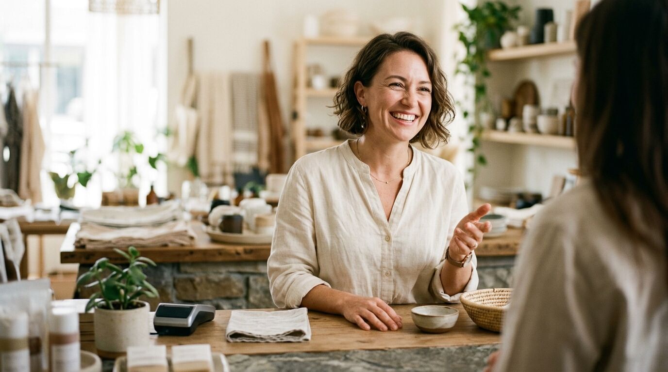 A small business owner calmly listening across the counter to an upset customer while taking notes