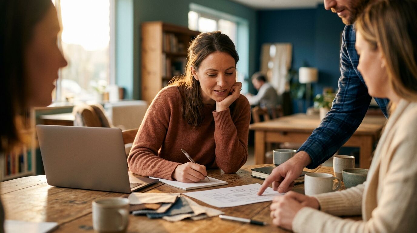 A small team at a shared desk working through a customer problem together and agreeing how to handle customer complaints