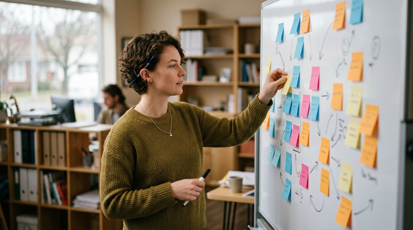 A shop owner at the counter working out how to respond to negative reviews on a laptop