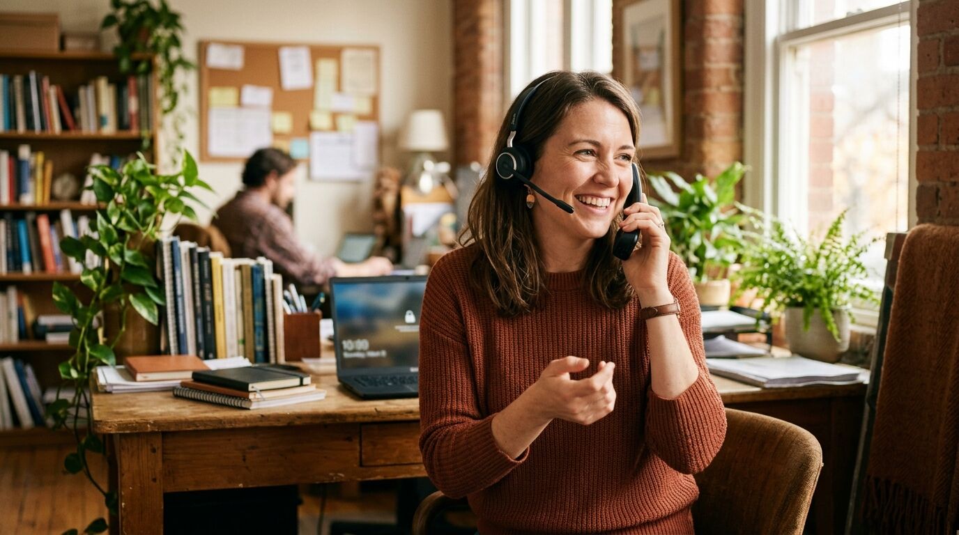 A friendly support agent wearing a headset working out how to say no to a customer on a call
