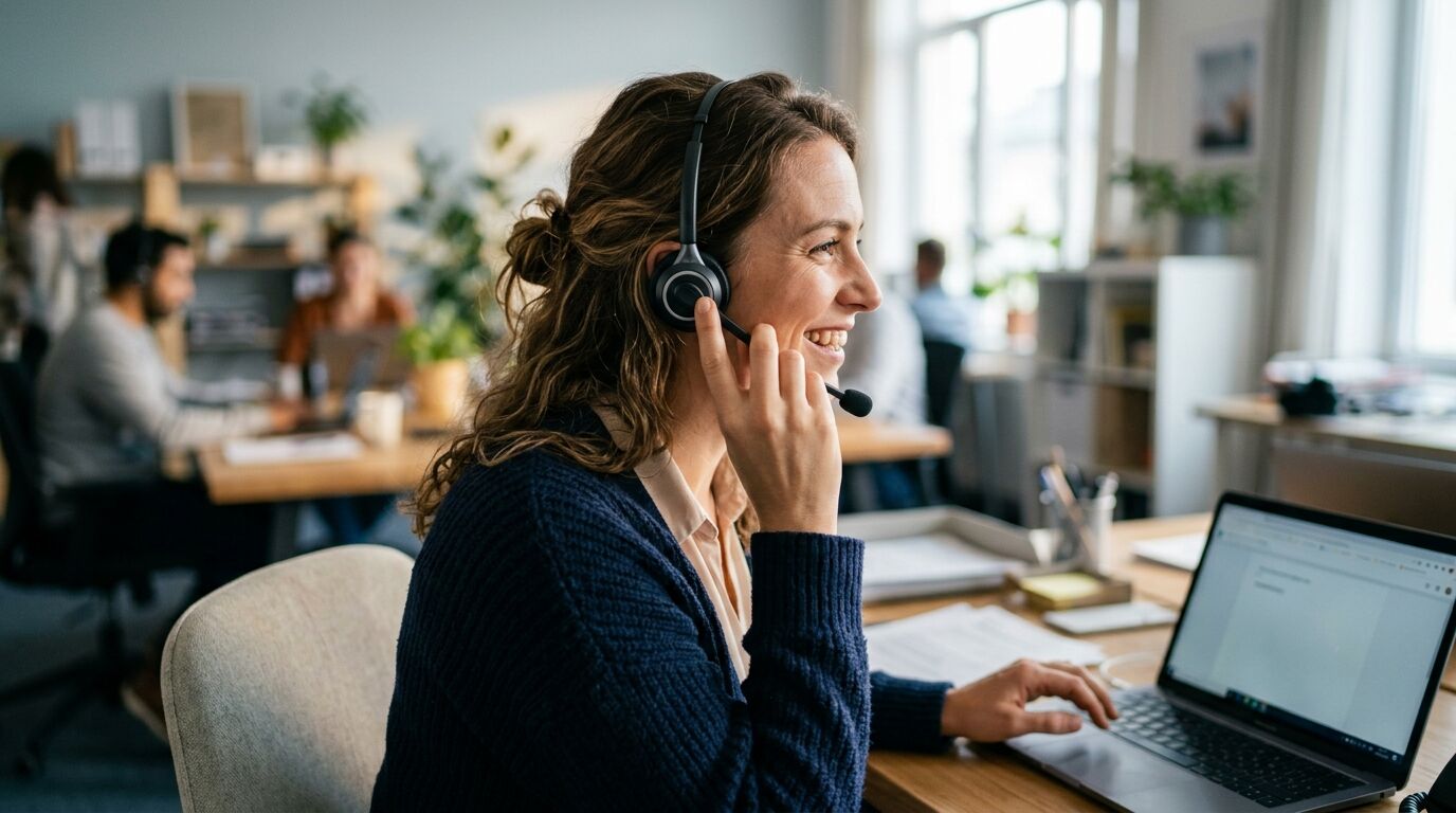 A small-business owner setting up a help desk on a laptop in a bright office