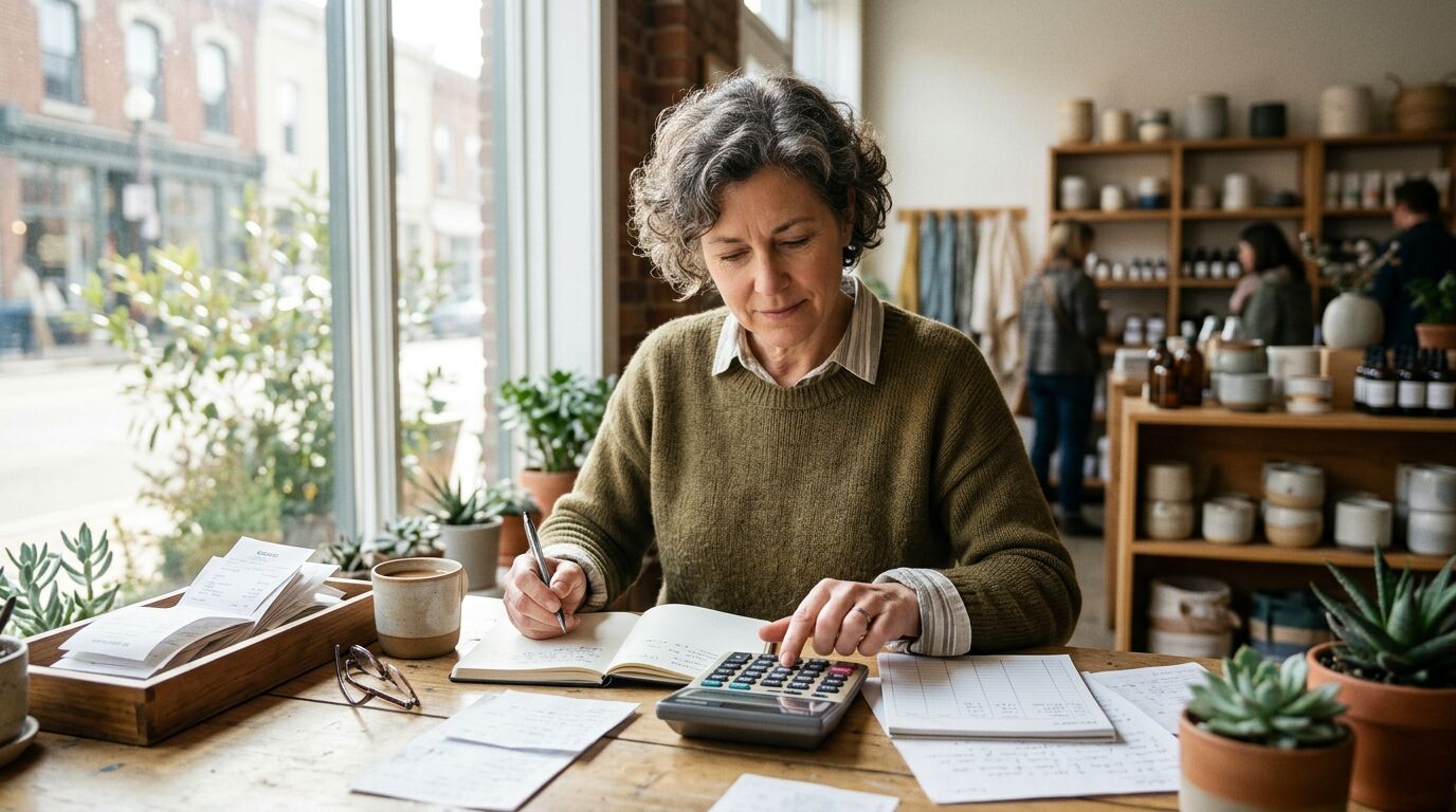 A small-business owner at a desk with a calculator working out whether customer support software is worth it