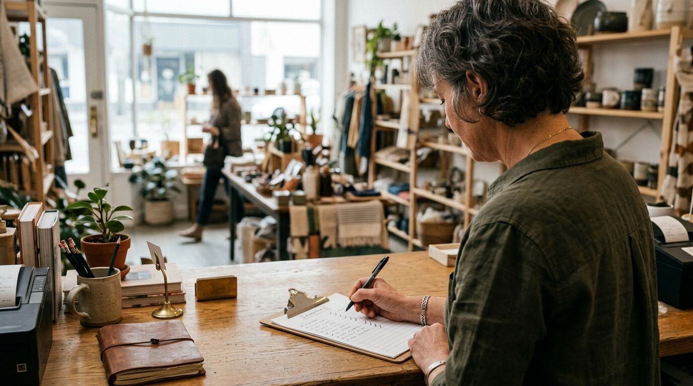 A small-business owner writing help center articles at a laptop, setting up knowledge base software for a small business