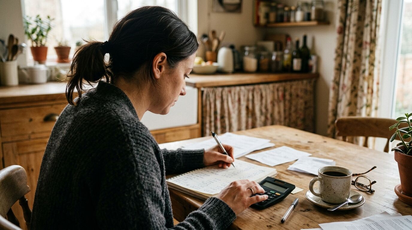 A small-business owner working out live chat software pricing with a calculator at a desk