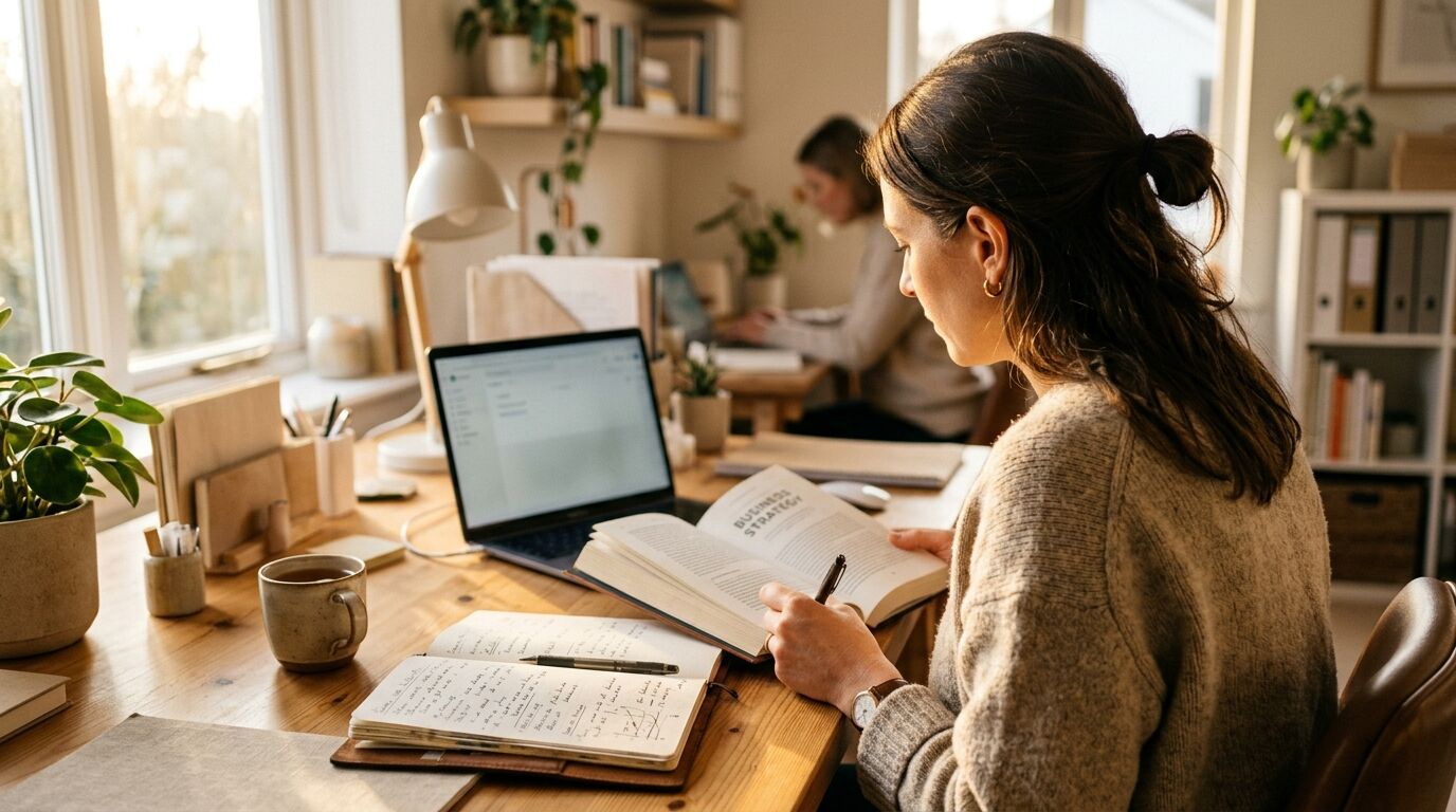 A small shop owner weighing live chat vs email support, with a laptop showing a chat window beside an inbox