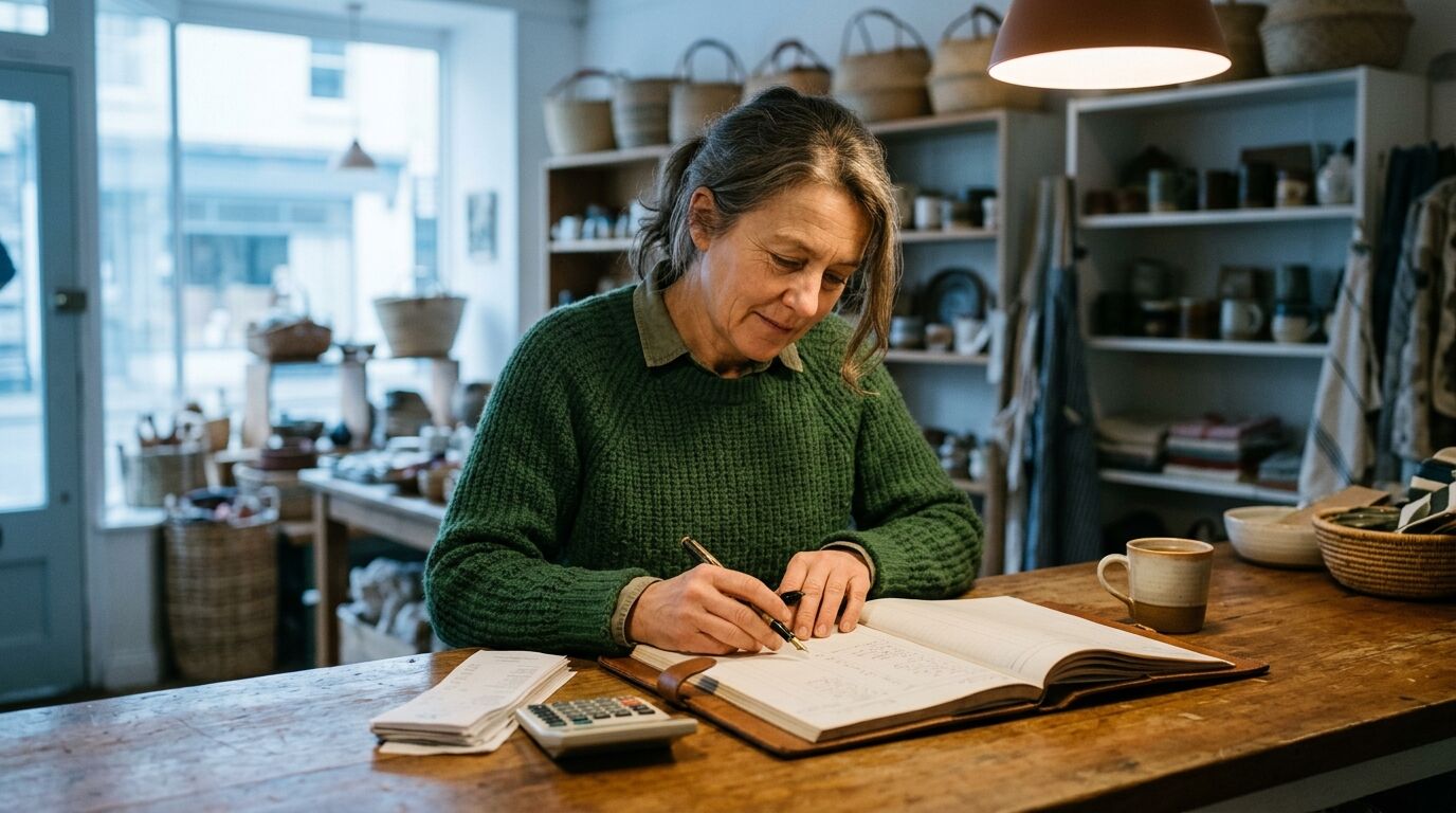 A small business owner comparing monthly vs annual help desk pricing on a calculator at a sunlit desk