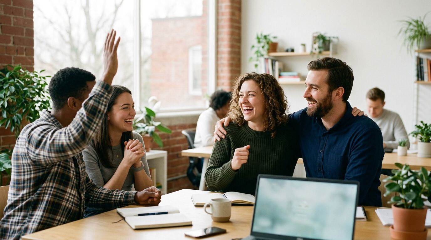 A small business team at a shared table celebrating a good net promoter score result, with a laptop and notebooks in front of them
