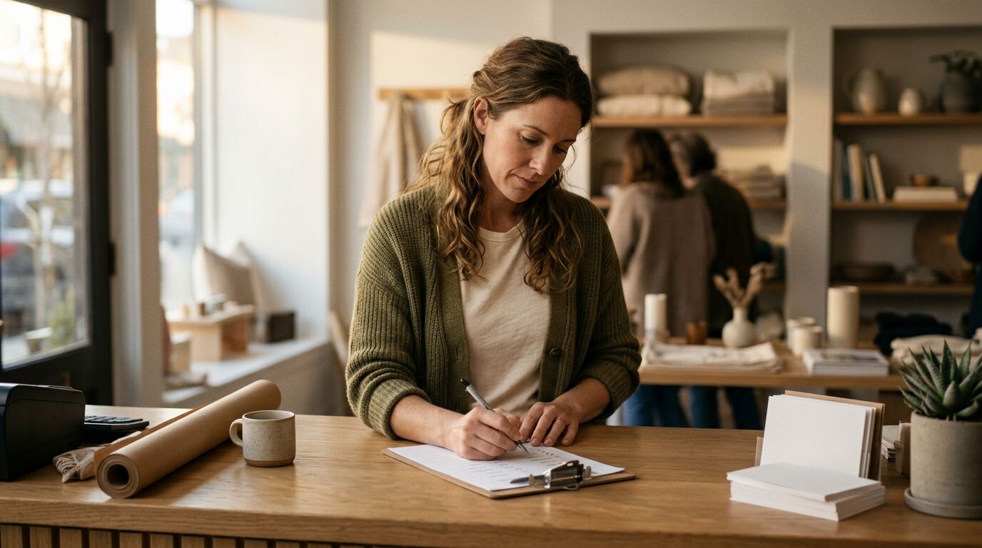 A small business owner handling omnichannel customer support from one inbox on a laptop at a shop counter