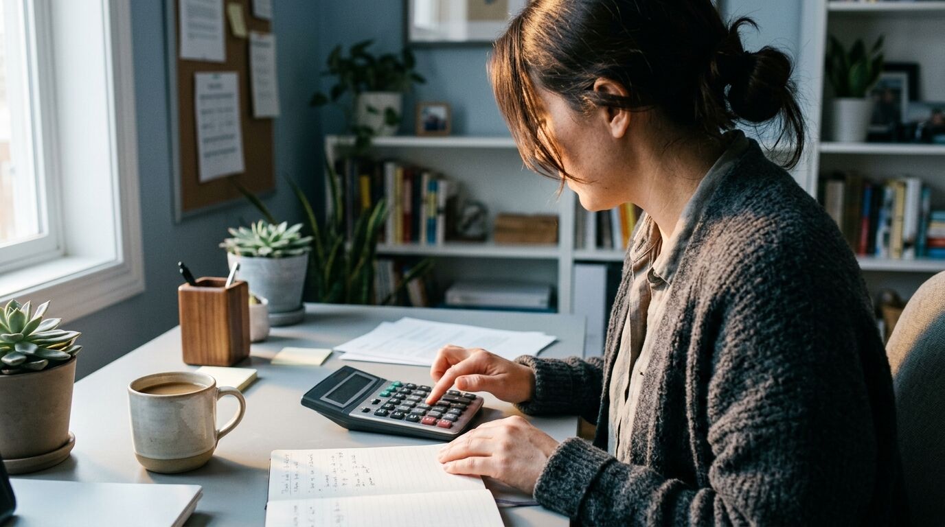 A small-business owner working out a per resolution pricing bill for support software at a desk