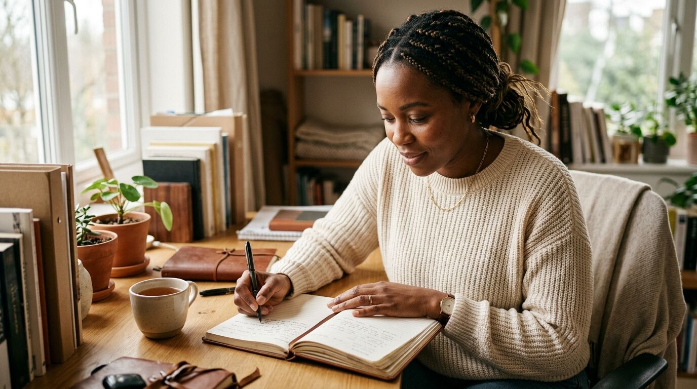 A small business owner at a desk with a notepad of questions to ask a help desk vendor during a video call