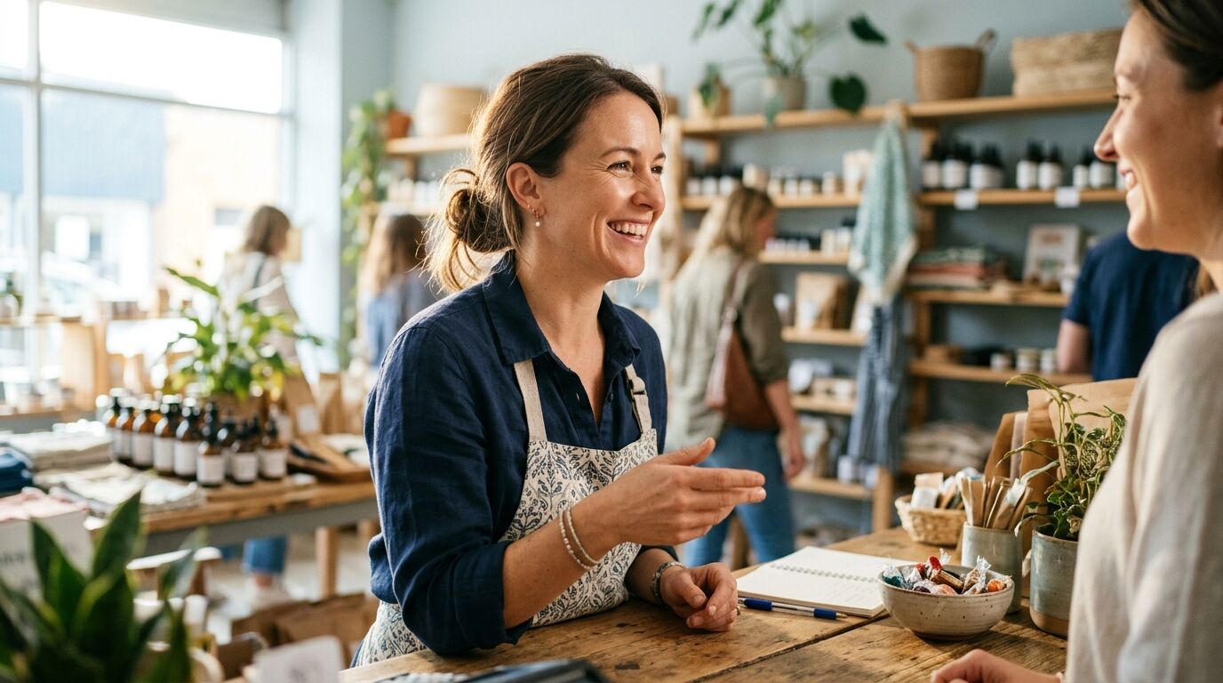 A shop owner greeting a regular customer at the counter, the kind of service that helps reduce customer churn